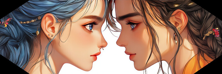 Wall Mural - Two women with blue and brown hair look intensely at each other.