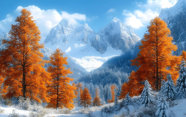 Wall Mural - Snow-covered mountains with bright orange trees in the foreground under a clear blue sky. Perfect for winter and autumn photography.