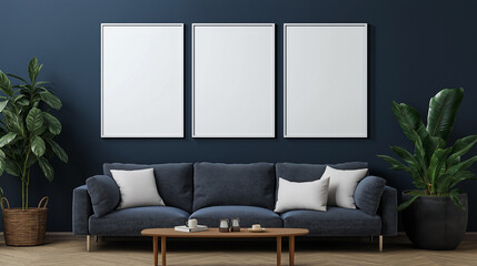 Modern living room with three white poster frames for mockup. Dark blue background. AI generation.