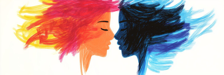 Wall Mural - Abstract illustration of two women facing each other with contrasting colors.