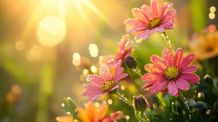 Sticker - Glistening pink flowers with dew sparkle in the warm sunlight of a serene morning garden, creating a stunning natural display. Generative AI