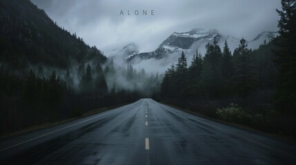 Poster - A road with a foggy mountain in the background