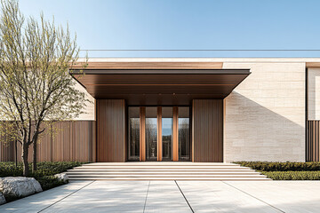 A front view of the entrance to an ultra-luxury villa in Shandong, China, featuring modern architecture and wooden materials. The exterior wall is made up of light-colored stone slabs and wood panels.