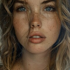 Wall Mural - Close-up Portrait of a Woman with Freckles and Blue Eyes