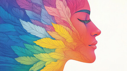 Wall Mural - Woman's profile with colorful feathers