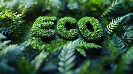 Lush Greenery Forming the Word 'Eco' Surrounded by Vibrant Ferns and Moss