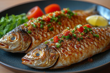 grilled fish in the plate, food photography, healthy eating