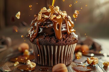 Chocolate caramel cupcake with nuts and butterscotch syrup