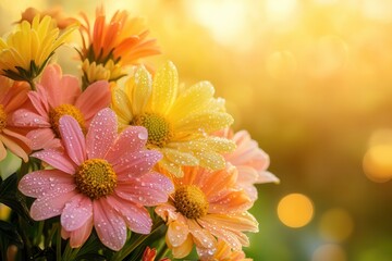 Poster - A vibrant arrangement of pink, yellow, and orange flowers glistens with raindrops, highlighting the beauty of a sunny garden. Generative AI