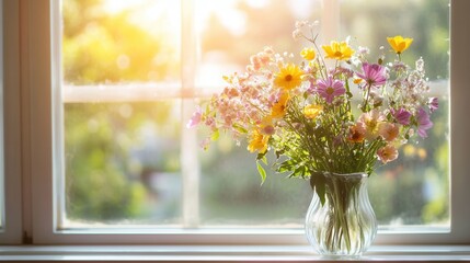 Wall Mural - A vibrant mix of wildflowers sits in a clear vase, basking in warm sunlight streaming through a window. Generative AI