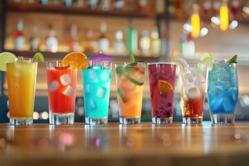 Alcoholic cocktail row on bar table  colorful party drinks