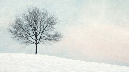 A solitary tree stands on a snowy hill under a soft, pastel sky, evoking tranquility and the beauty of winter landscapes.