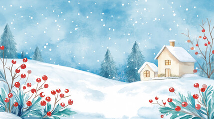 watercolor clipart of a cute winter scene, christmas themed, watercolor style