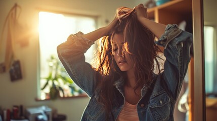 Woman with long brown hair in a denim jacket stands in a room with her hands on her head looking down.