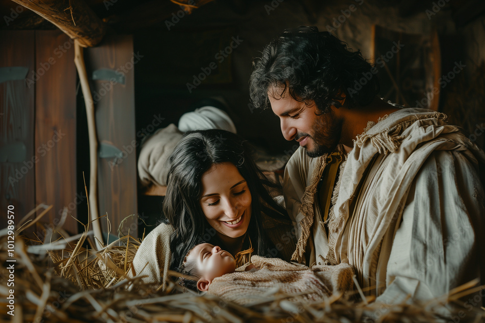 Mary and Joseph Joyfully Gazing at Jesus in Nativity Scene Portraying ...