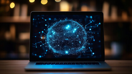 Poster - a laptop screen shows a picture of earth. the image is made up of tiny dots, lines, and shapes that 