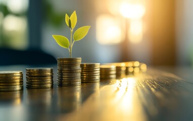 A stack of coins with a small plant sprouting, symbolizing growth and investment.