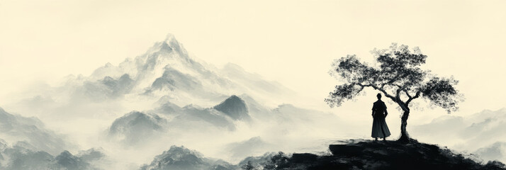 Sticker - Silhouette of a person standing under a tree overlooking a misty mountain landscape.