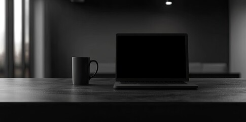 Poster - Laptop and coffee cup on black table in office. Workplace concept