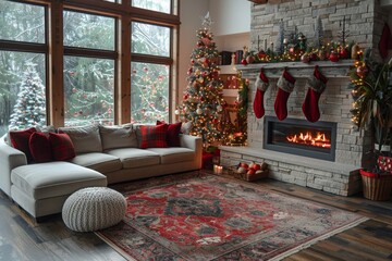 Cozy living room with fireplace, couch and Christmas tree, decorated with red and white accents. The atmosphere is warm and inviting