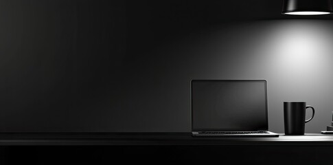 Poster - Laptop and coffee cup on black table in office. Workplace concept