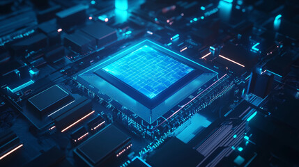 Poster - a glowing blue hologram of an ai chip shines in the middle of a circuit board. this futuristic image