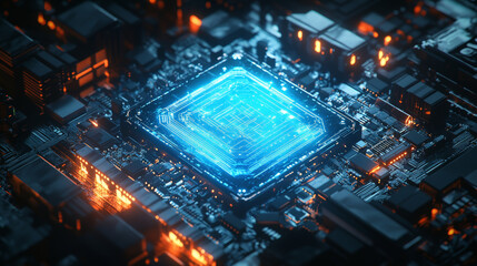 Poster - a glowing blue hologram of an ai chip shines in the middle of a circuit board. this futuristic image