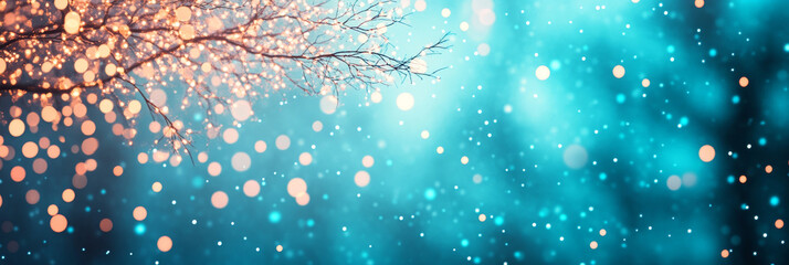 Twinkling lights on a bare branch against a blue and white bokeh background.