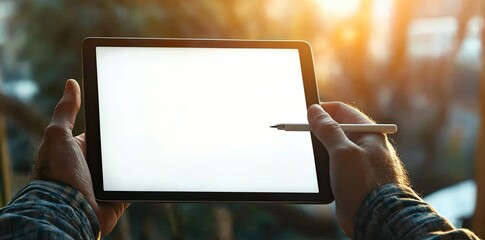 Close up of male hands using digital tablet with blank white screen