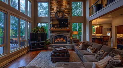 Sticker - Cozy living room with a large sectional, dark wood floors, and a fireplace with warm lighting