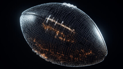 Poster - A futuristic, digital football. This design uses a wireframe mesh, like a 3D puzzle, to show its shape. It represents modern technology and the way data is visualized.