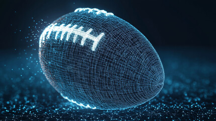 Poster - A futuristic, digital football. This design uses a wireframe mesh, like a 3D puzzle, to show its shape. It represents modern technology and the way data is visualized.