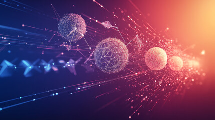Poster - A business idea is shown using simple shapes and lines. Arrows point in different directions, and spheres made of small dots fly through the air.low poly wireframe.