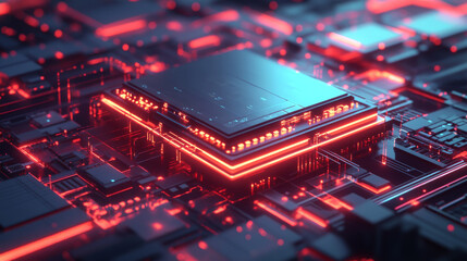 Poster - a futuristic computer chip with glowing lights sits on a circuit board. the chip is surrounded by sm