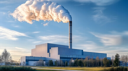 Canvas Print - Modern industrial facility with a prominent smoke-emitting chimney.