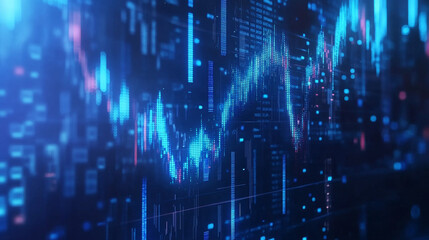 Poster - A futuristic hologram shows a rising graph on a blue background.  This digital image represents the growth of investments in the stock market.low poly wireframe.