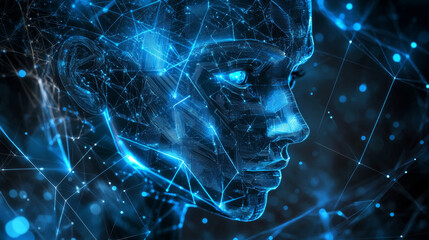 Poster - These posters use a cool, futuristic blue color and geometric shapes to show the world of artificial intelligence. They feature a robot face and have a modern, digital look.low poly wireframe.