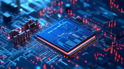 Poster - A blue, digital image shows a computer chip and stock market charts.  The design suggests the connection between artificial intelligence and the stock market.low poly wireframe.