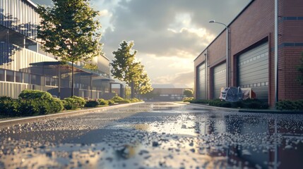Aufkleber - A street with a brick building and a garage