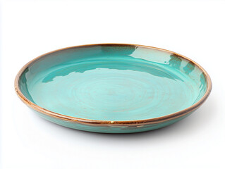 a large glazed turquoise plate on white background