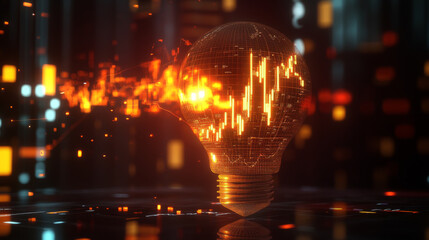 Poster - A 3D image shows a light bulb filled with a simple, blocky chart of stock prices. This represents how new technology can bring new ideas to finance.low poly wireframe.
