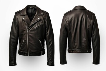 Front and back view of black leather jacket isolated on white background. Generative ai