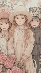 Canvas Print - A painting of three little girls in a garden