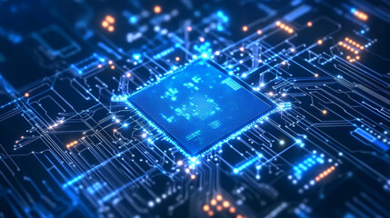 Poster - a bright blue ai chip with tiny lines connecting its circuits, set against a futuristic tech backgro