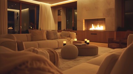 Wall Mural - Cozy living room with a modern fireplace, plush beige furniture, and warm ambient lighting creating a peaceful atmosphere