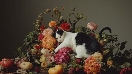 Poster - A black and white cat laying on top of a bunch of flowers