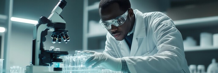 Poster - In a modern laboratory, a scientist wearing a white lab coat and goggles methodically works with test tubes and samples for research. Generative AI