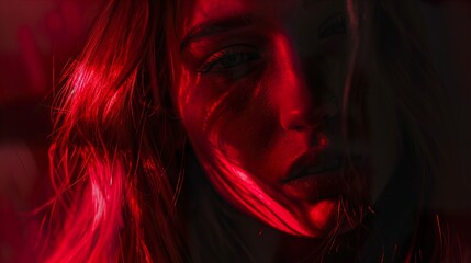 Wall Mural - Close-Up Portrait of a Woman in Red Light