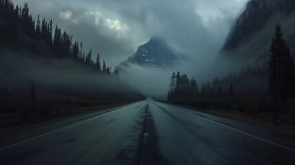 Poster - A mountain range is in the background with a road in the foreground