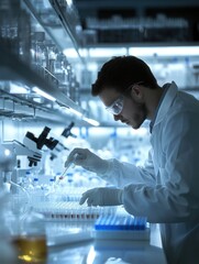 Aufkleber - In a research laboratory, a focused scientist in a lab coat conducts experiments, carefully managing test tubes and samples under dim lighting. Generative AI